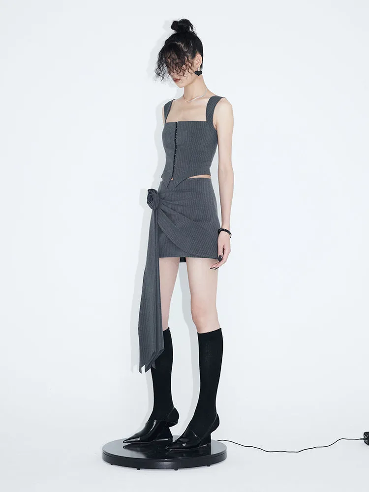 Striped Camisole & Detachable Floral Pleated Skirt