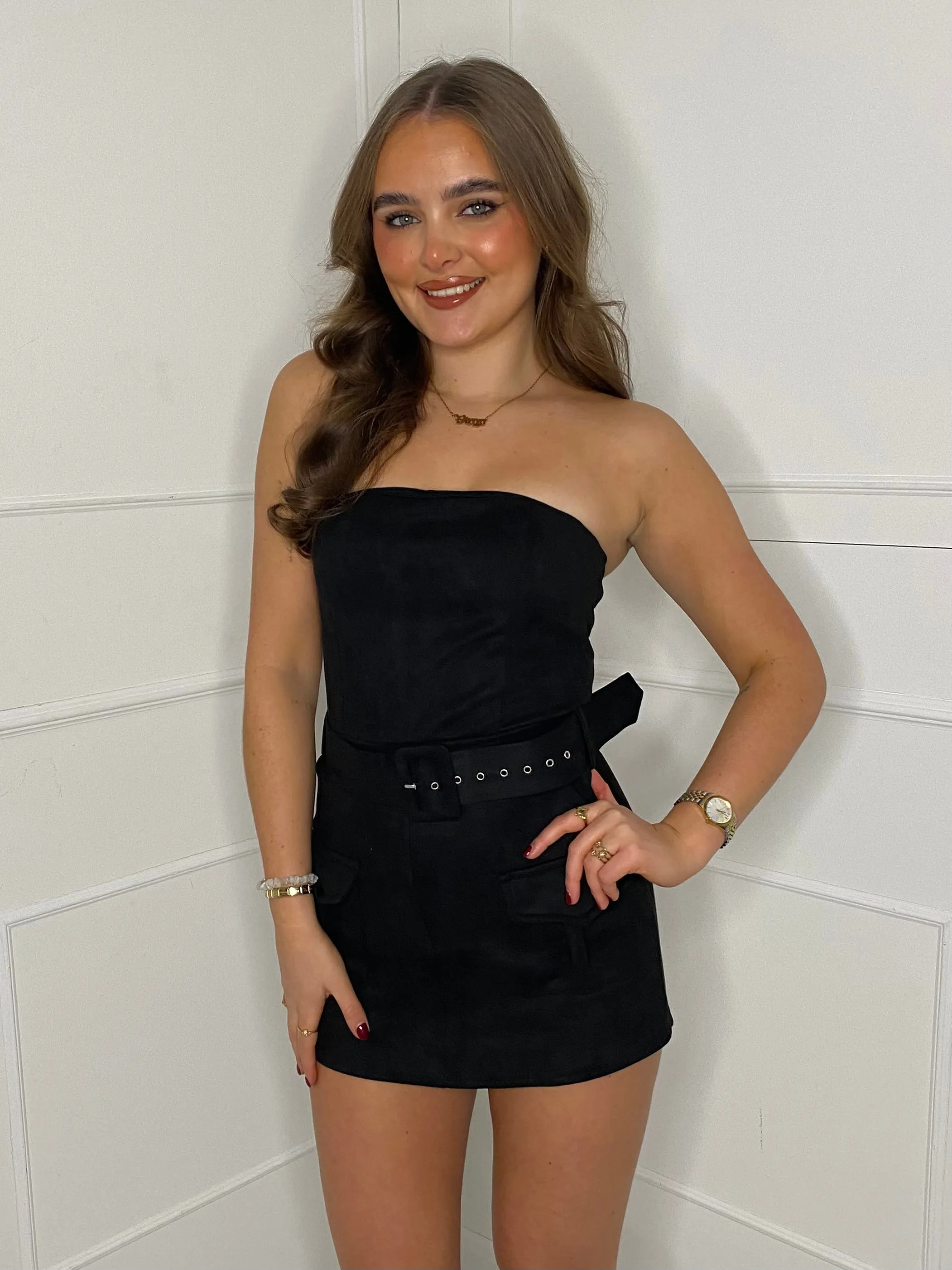 Suede Belted Cargo Style Playsuit - Black