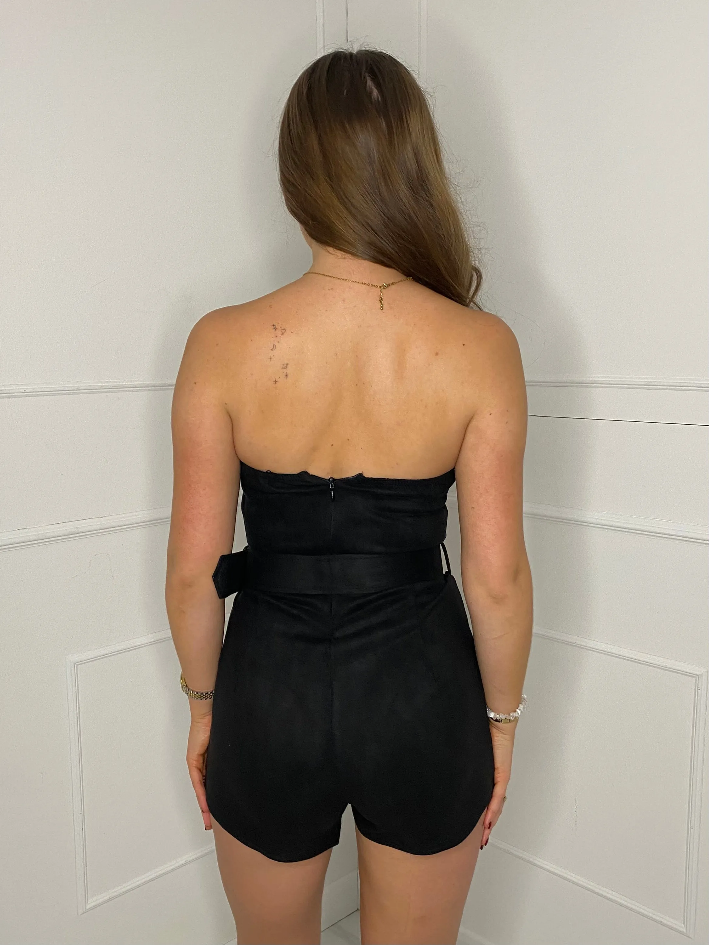Suede Belted Cargo Style Playsuit - Black