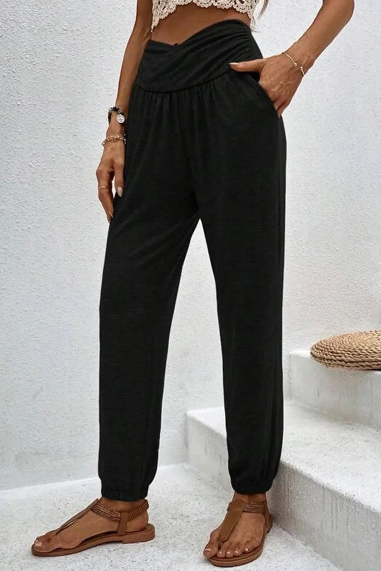 TastyHottie - Gathered High waist Solid Long Pants
