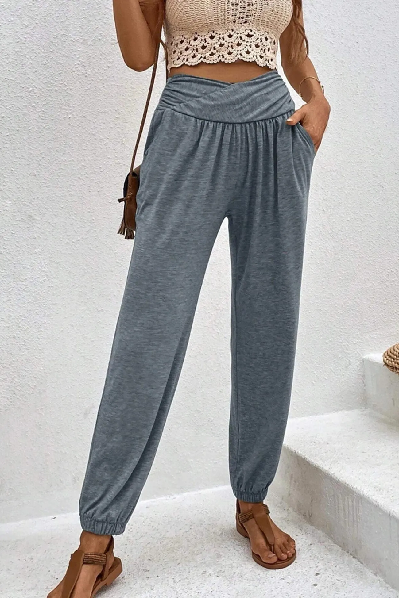 TastyHottie - Gathered High waist Solid Long Pants