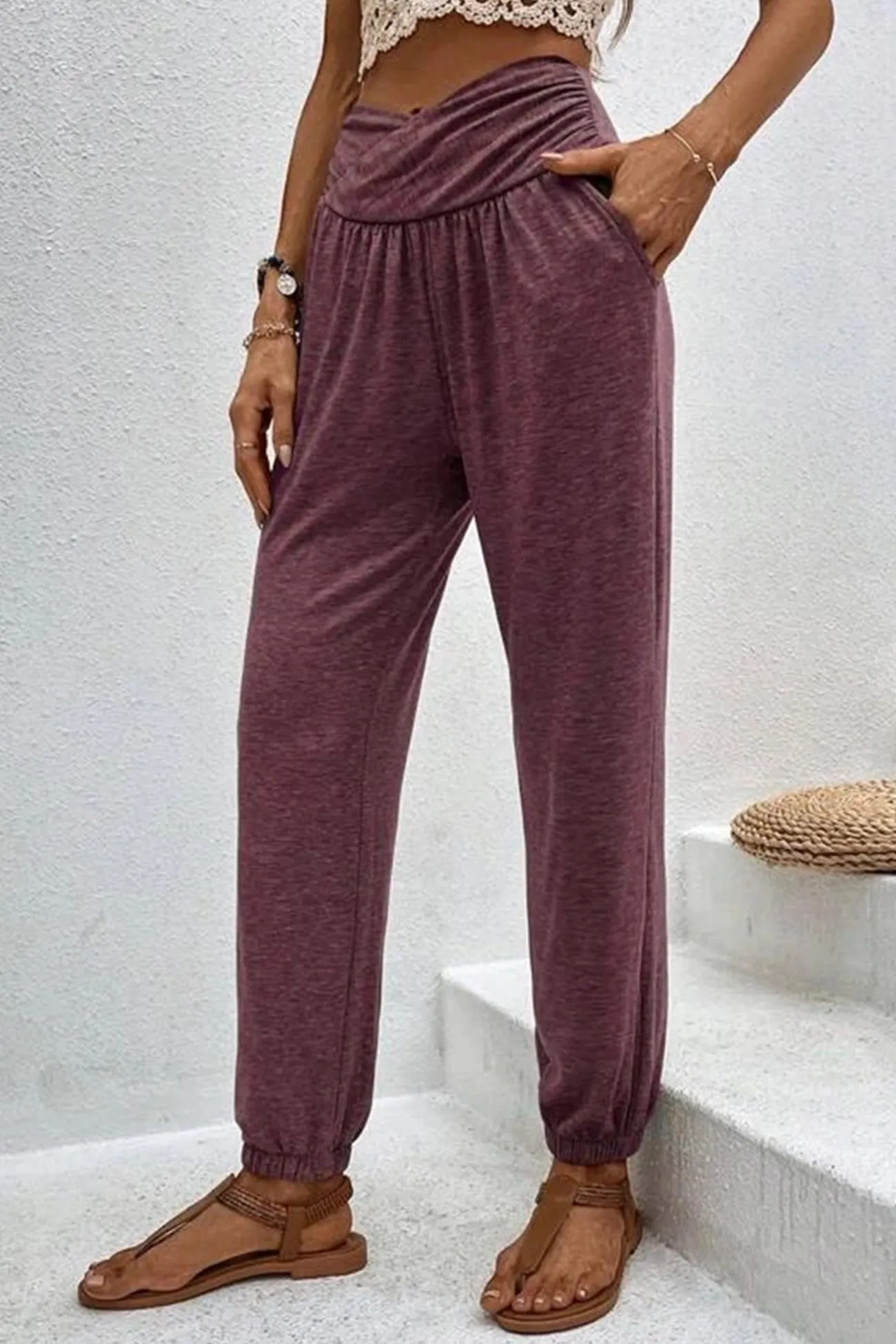 TastyHottie - Gathered High waist Solid Long Pants