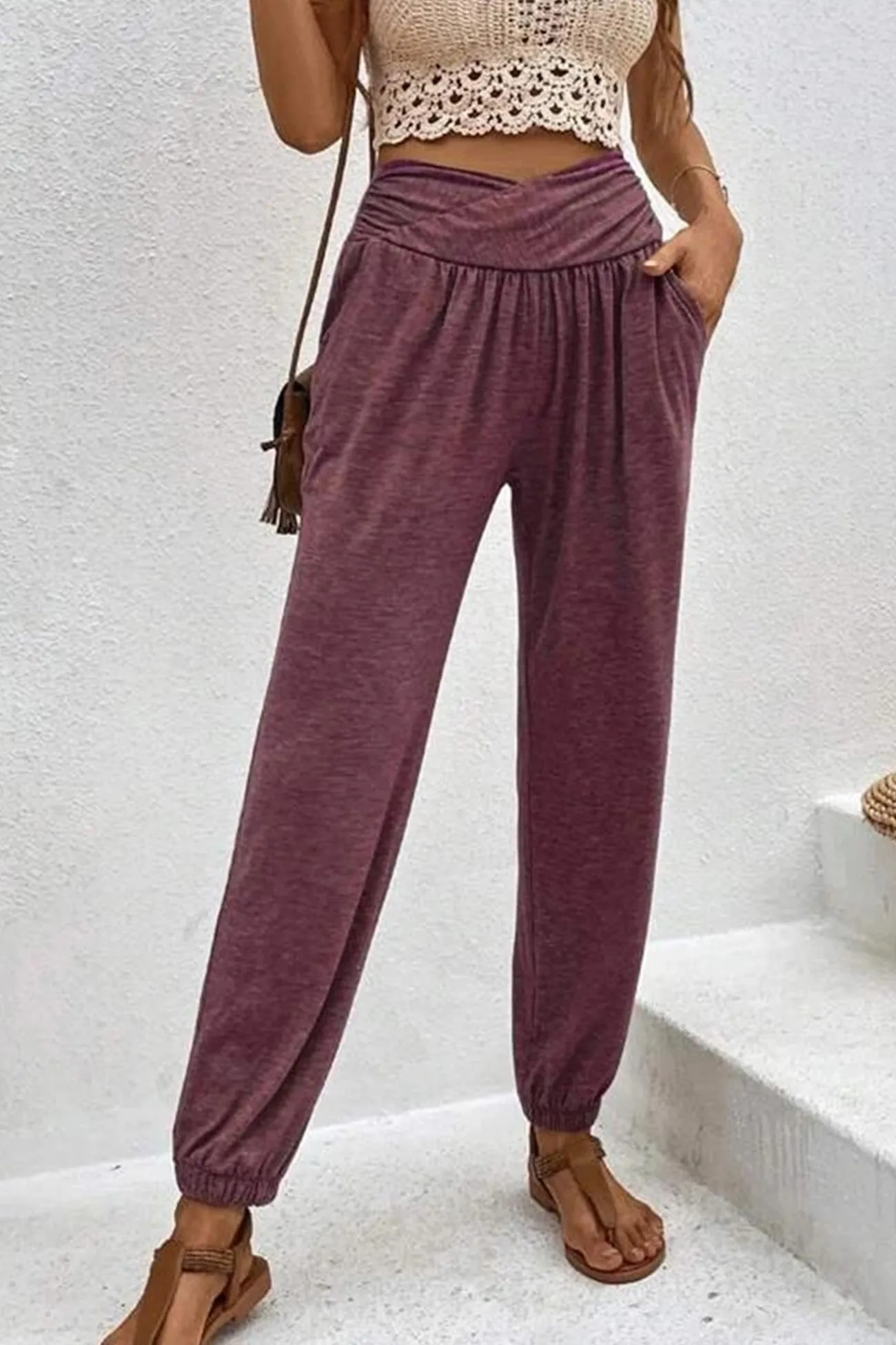 TastyHottie - Gathered High waist Solid Long Pants