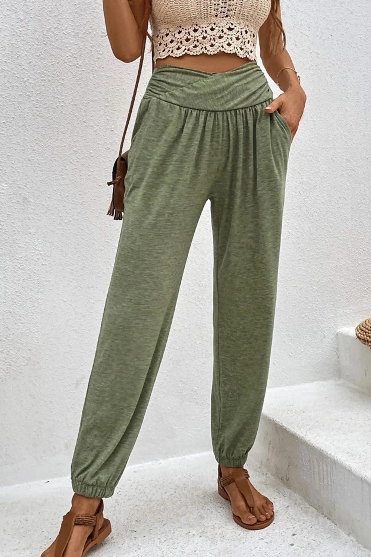 TastyHottie - Gathered High waist Solid Long Pants
