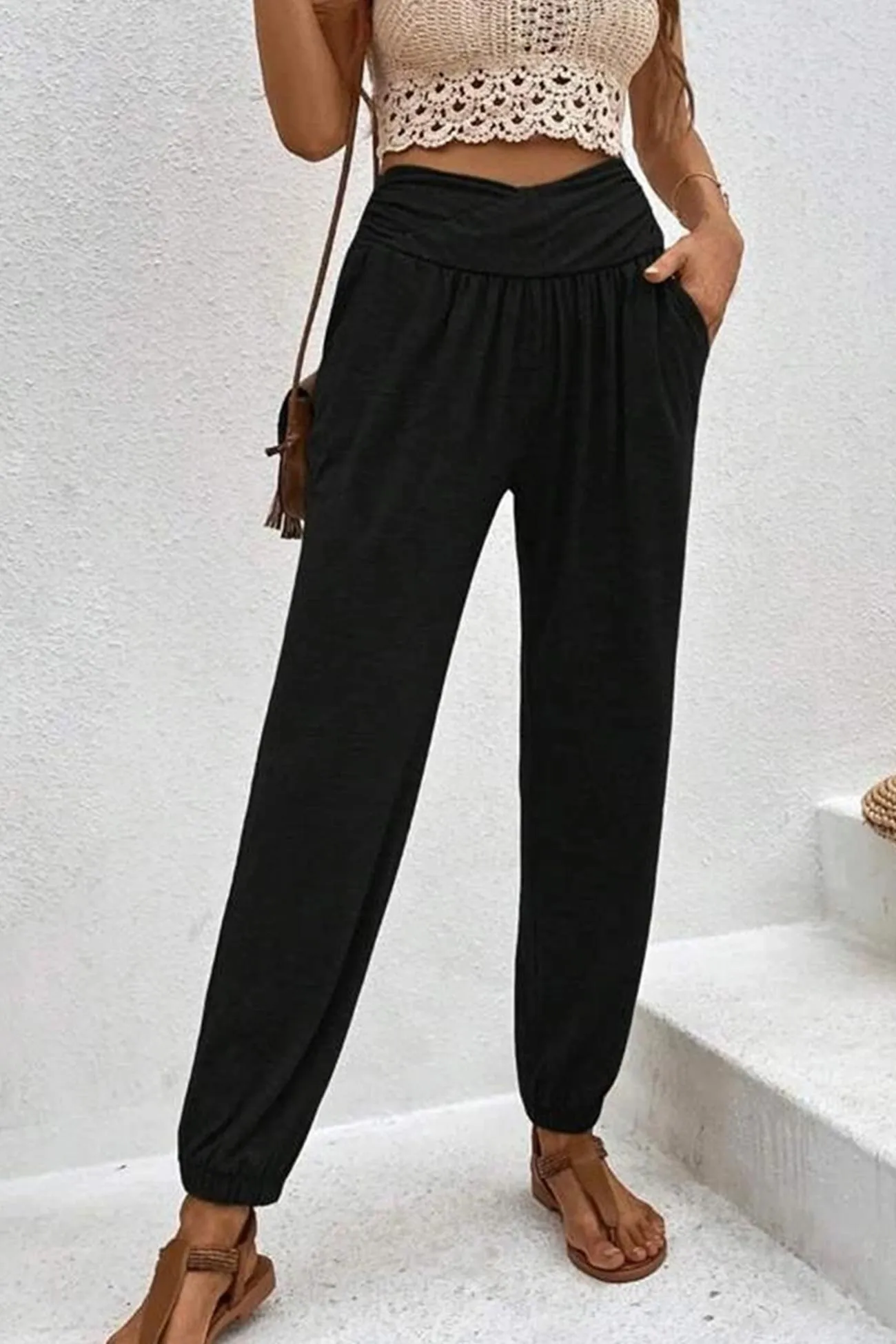 TastyHottie - Gathered High waist Solid Long Pants