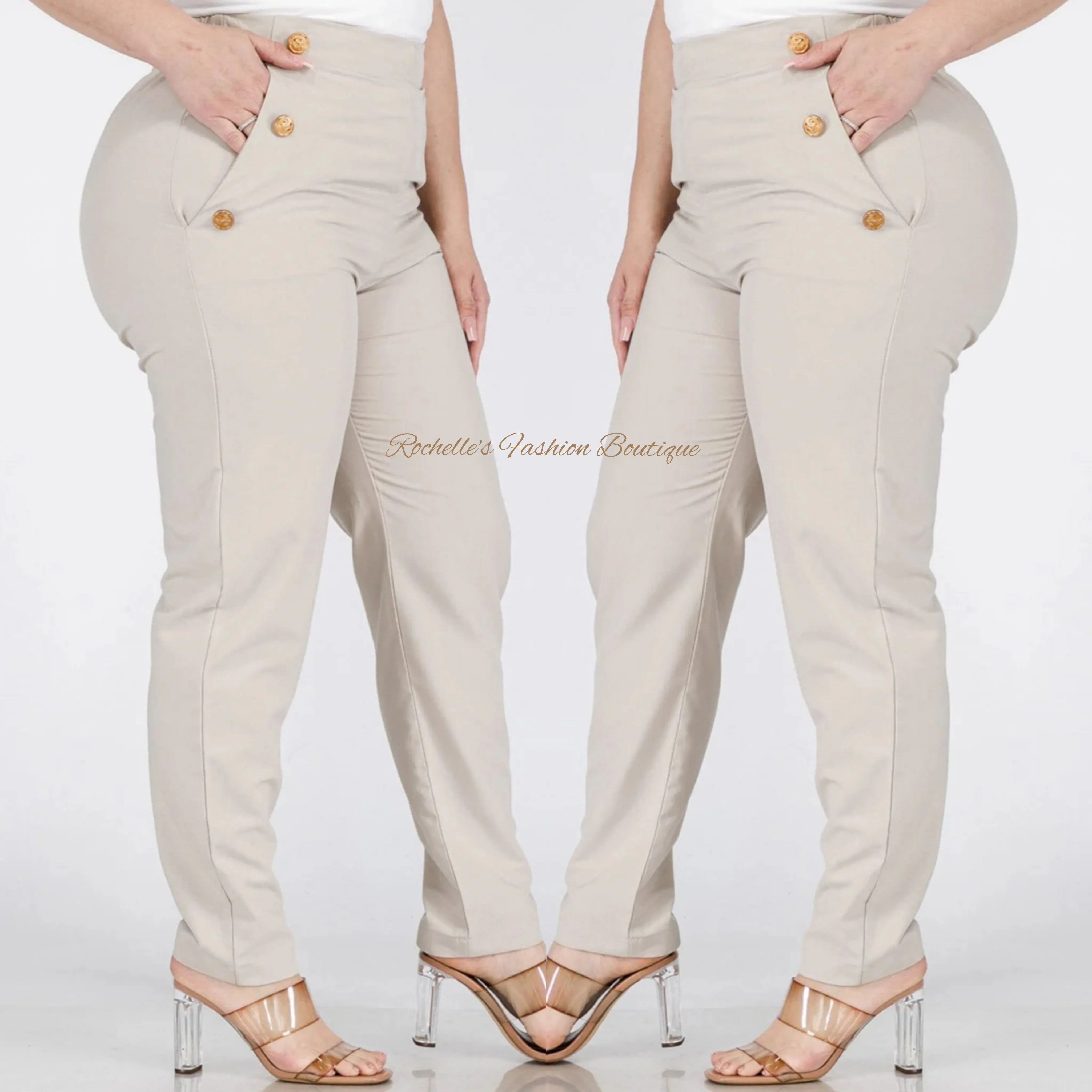 Taupe Buttons Detailed Skinny Plus Pants