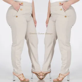 Taupe Buttons Detailed Skinny Plus Pants