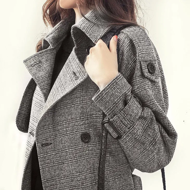 Turn-down Collar Long Sleeves Double Button Long Wool Coat