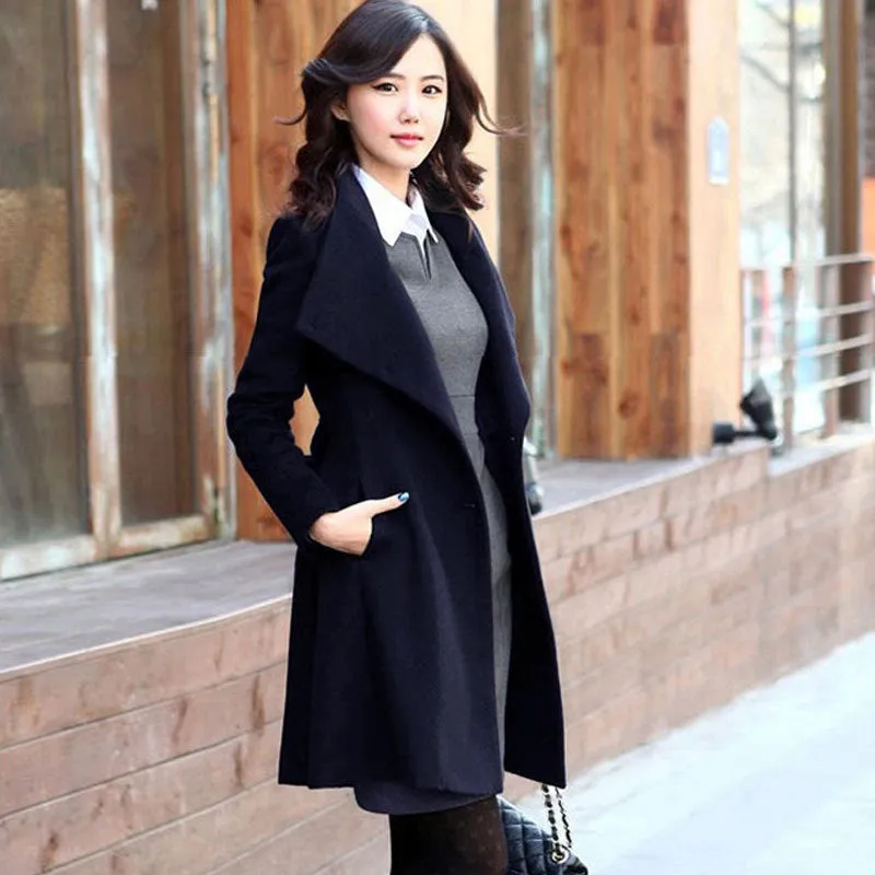 Turn-down Collar OL Style Slim Wool Long Coat With Belt on