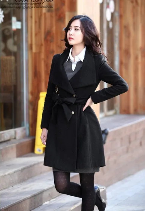 Turn-down Collar OL Style Slim Wool Long Coat With Belt on