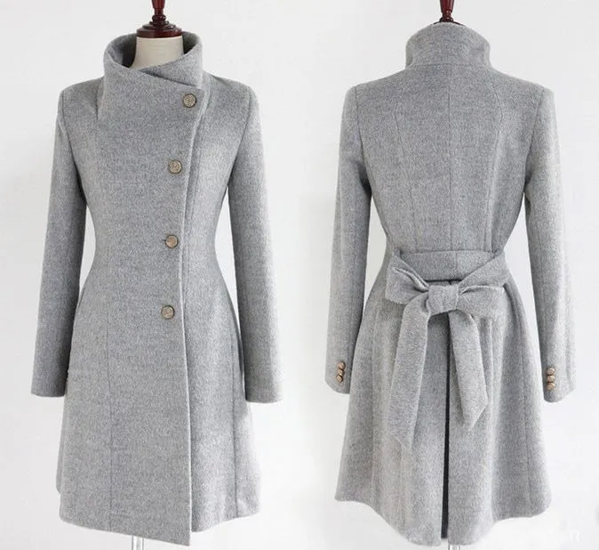 Turn-down Collar OL Style Slim Wool Long Coat With Belt on
