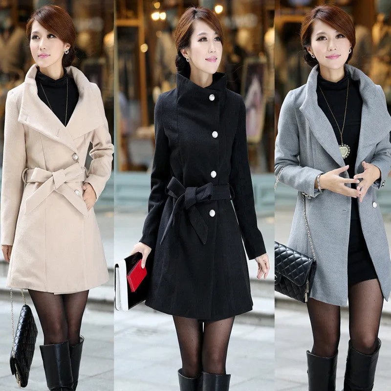 Turn-down Collar OL Style Slim Wool Long Coat With Belt on