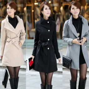 Turn-down Collar OL Style Slim Wool Long Coat With Belt on