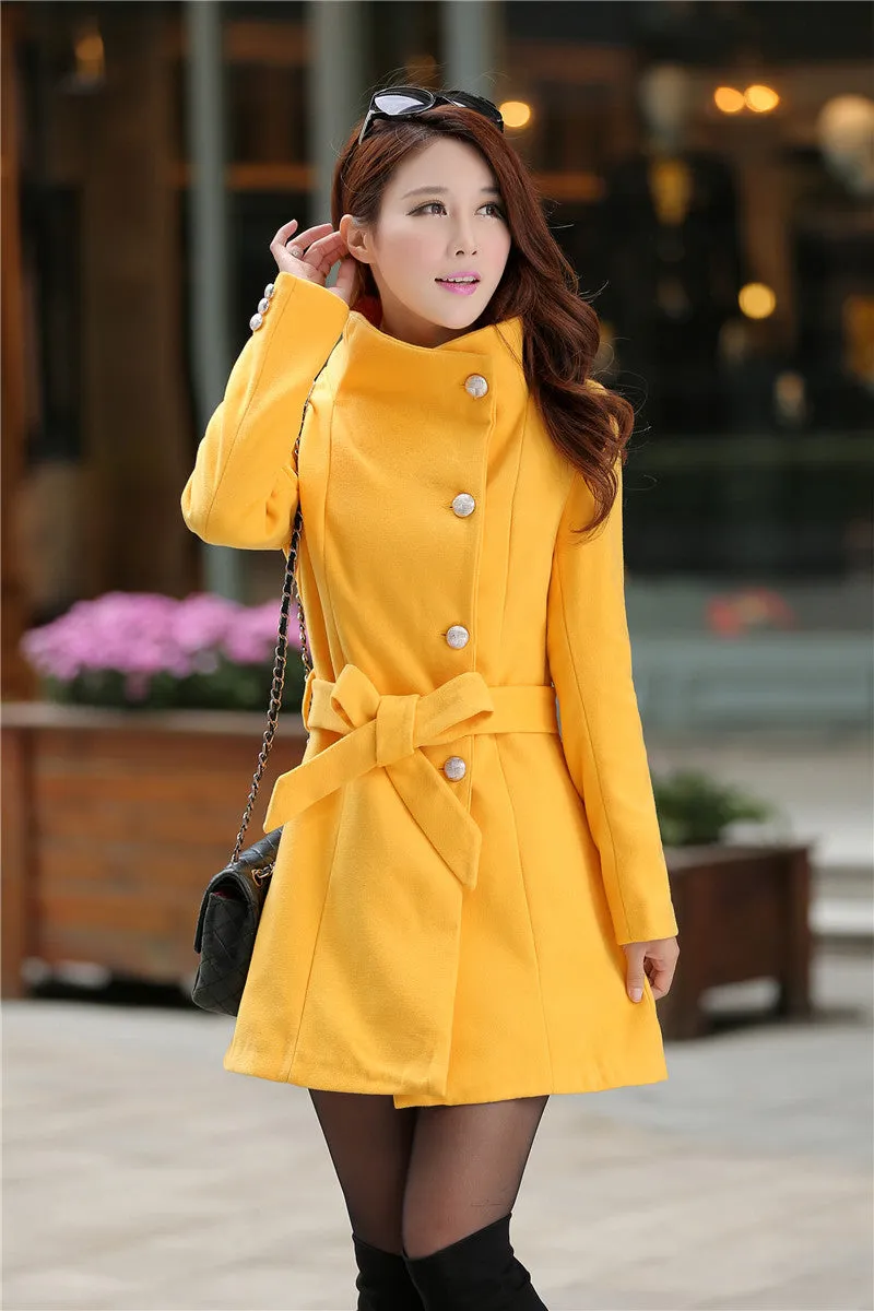 Turn-down Collar OL Style Slim Wool Long Coat With Belt on