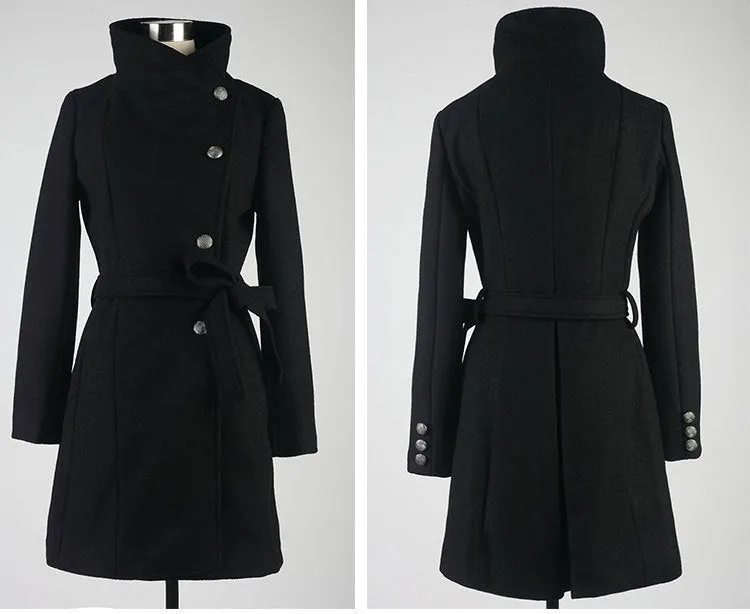 Turn-down Collar OL Style Slim Wool Long Coat With Belt on