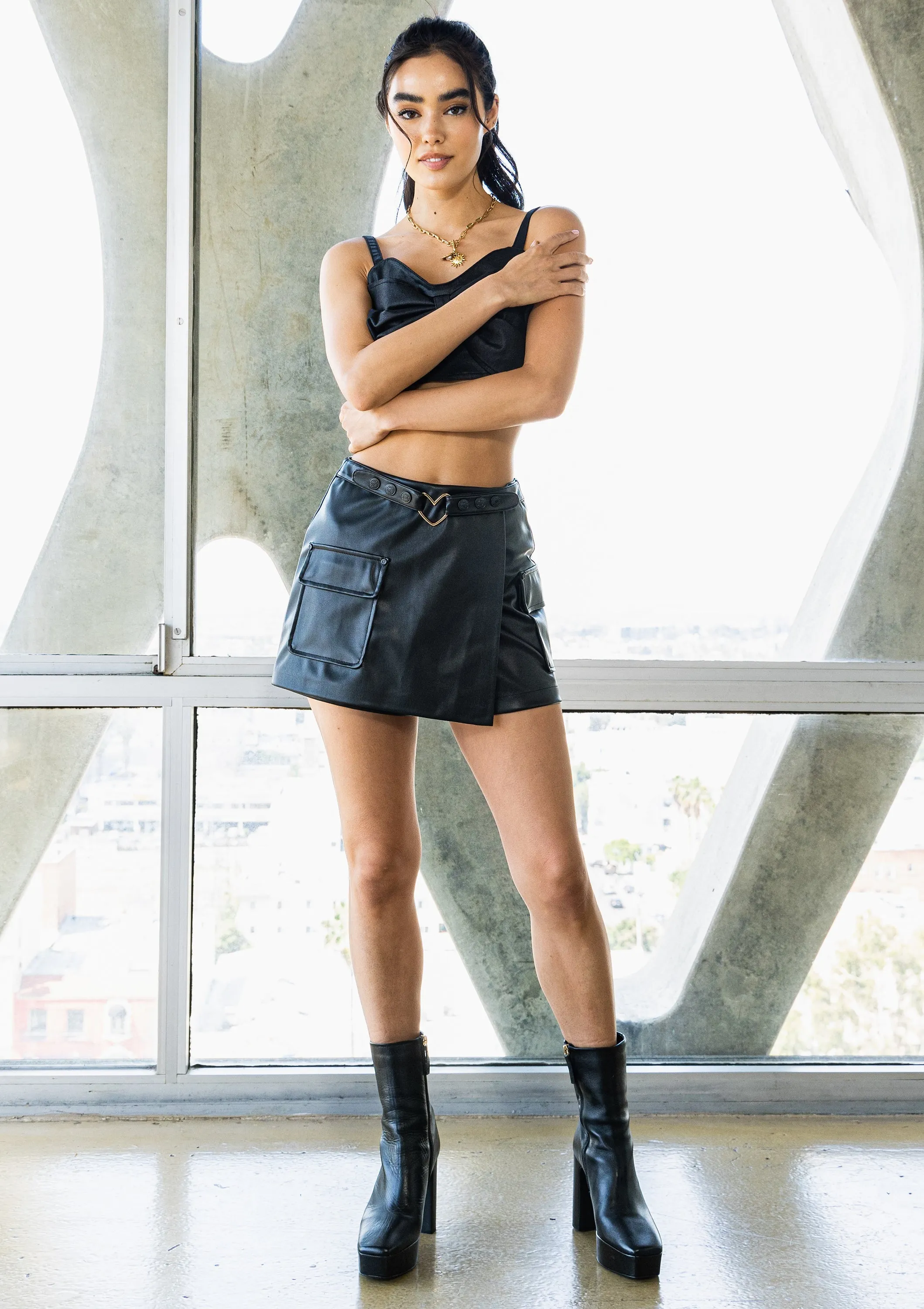 Vegan Leather Cargo Wrap Skort