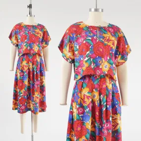 Vintage 80s Floral Skirt and Crop Top Cord Set Cropped Blouse Full Pleated Skirt Two Piece Dress size M