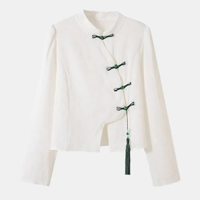 Vintage Buckle Tassel Shirt Green Pleated Skirt