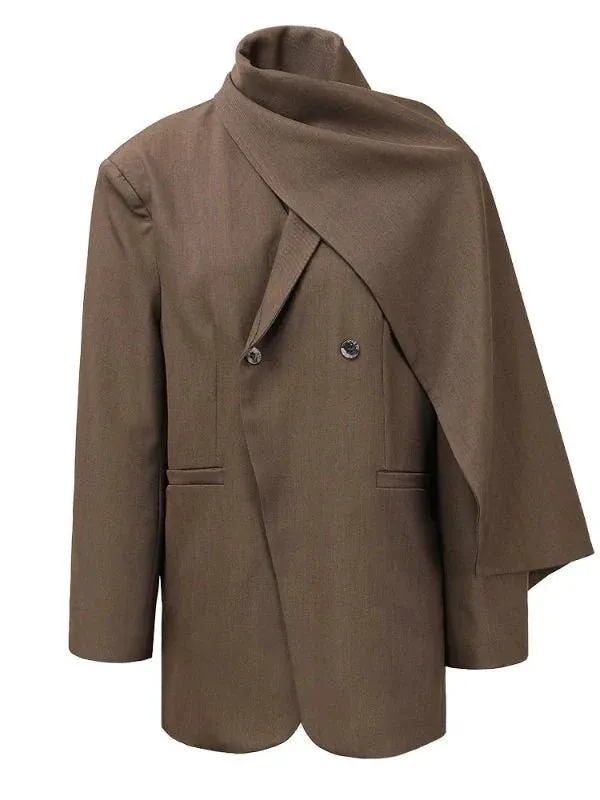 Wenkouban-Winter outfits Christmas Scarf Collar Double Breasted Oversized Blazer
