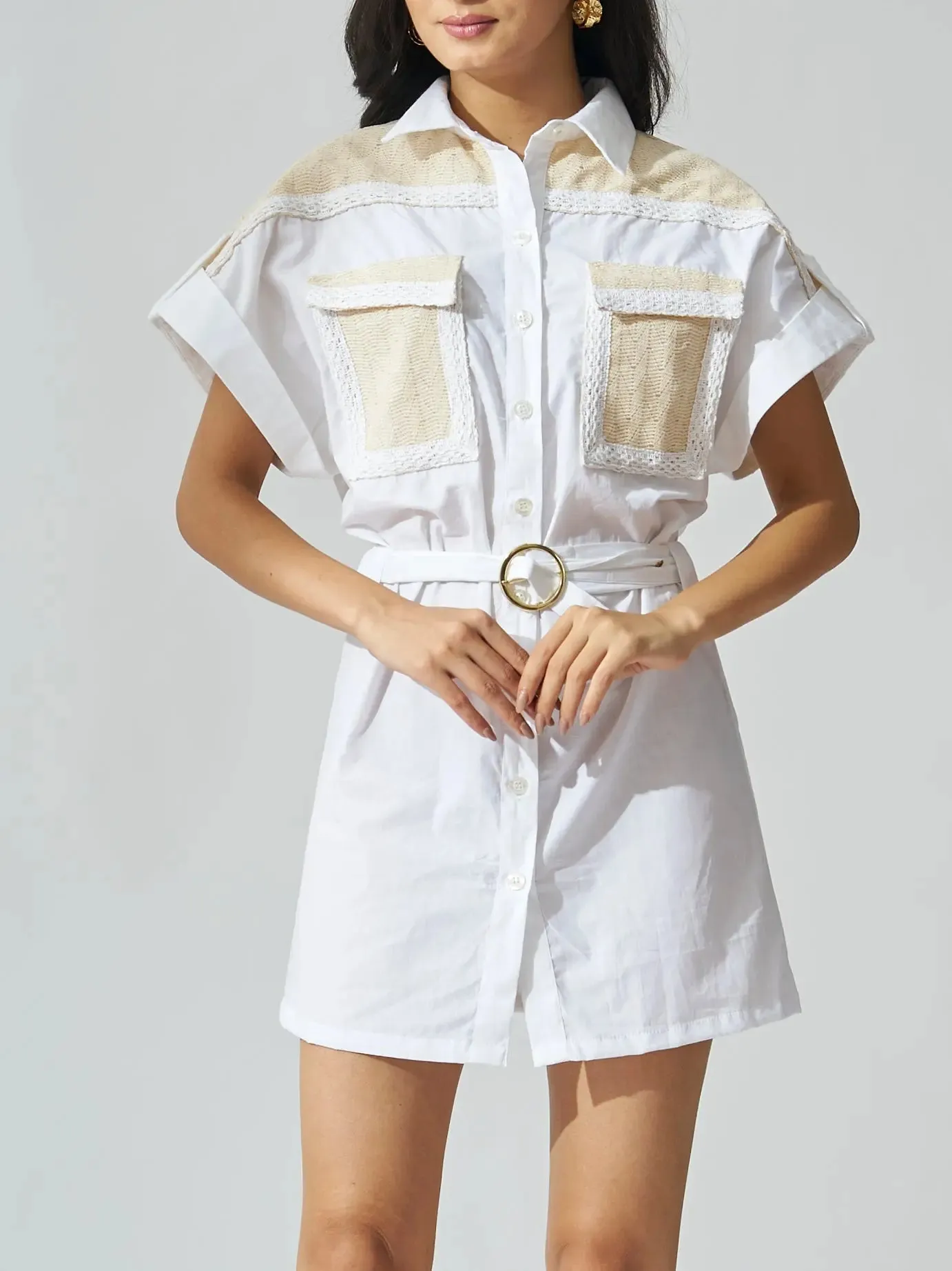 White Poplin crochet patch shirt dress