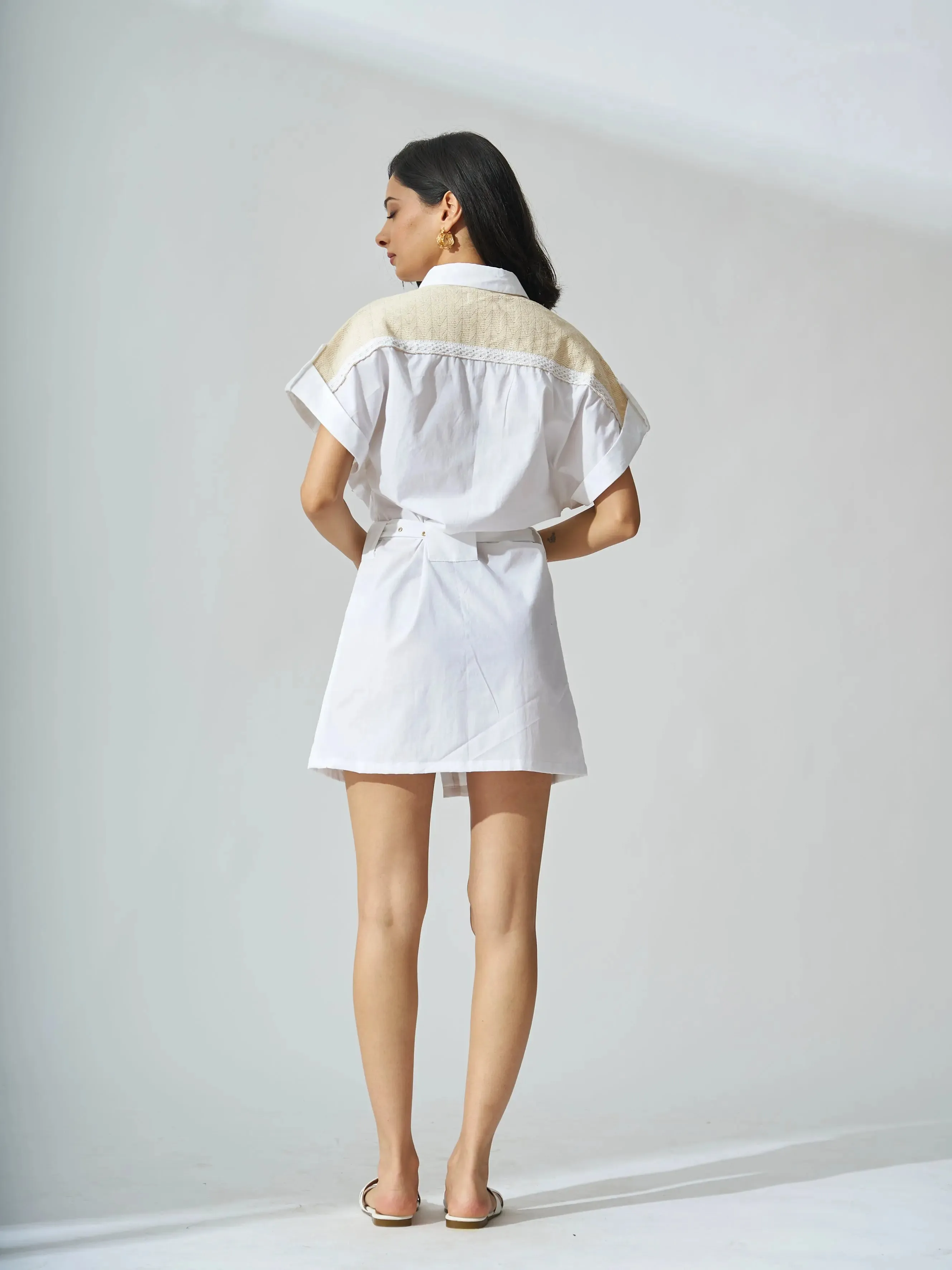 White Poplin crochet patch shirt dress