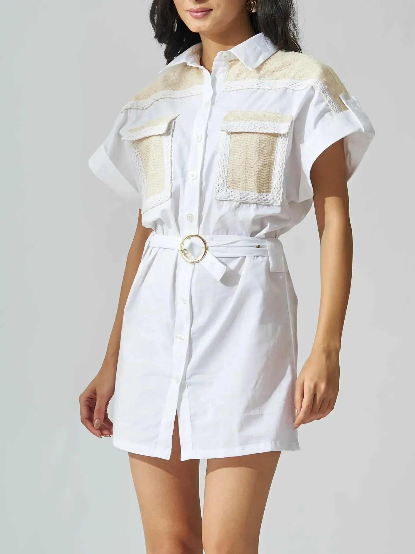 White Poplin crochet patch shirt dress