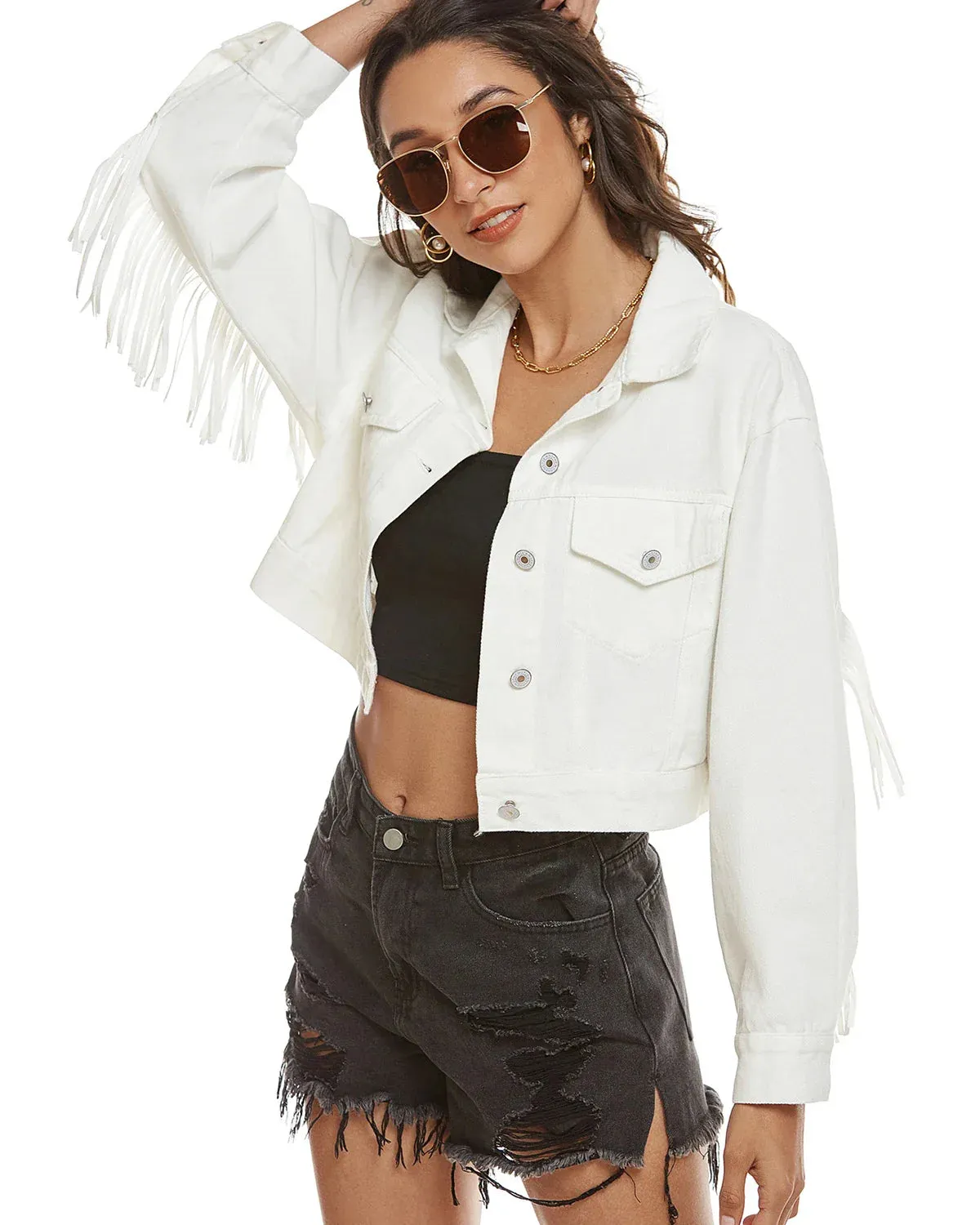 Women Fringed Denim Cropped Jacket for Daily Wear