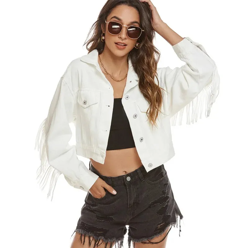 Women Fringed Denim Cropped Jacket for Daily Wear