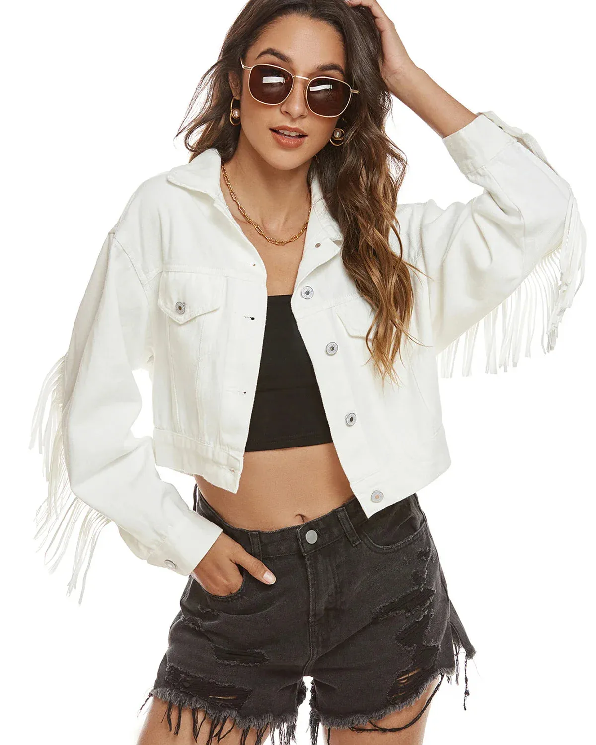 Women Fringed Denim Cropped Jacket for Daily Wear