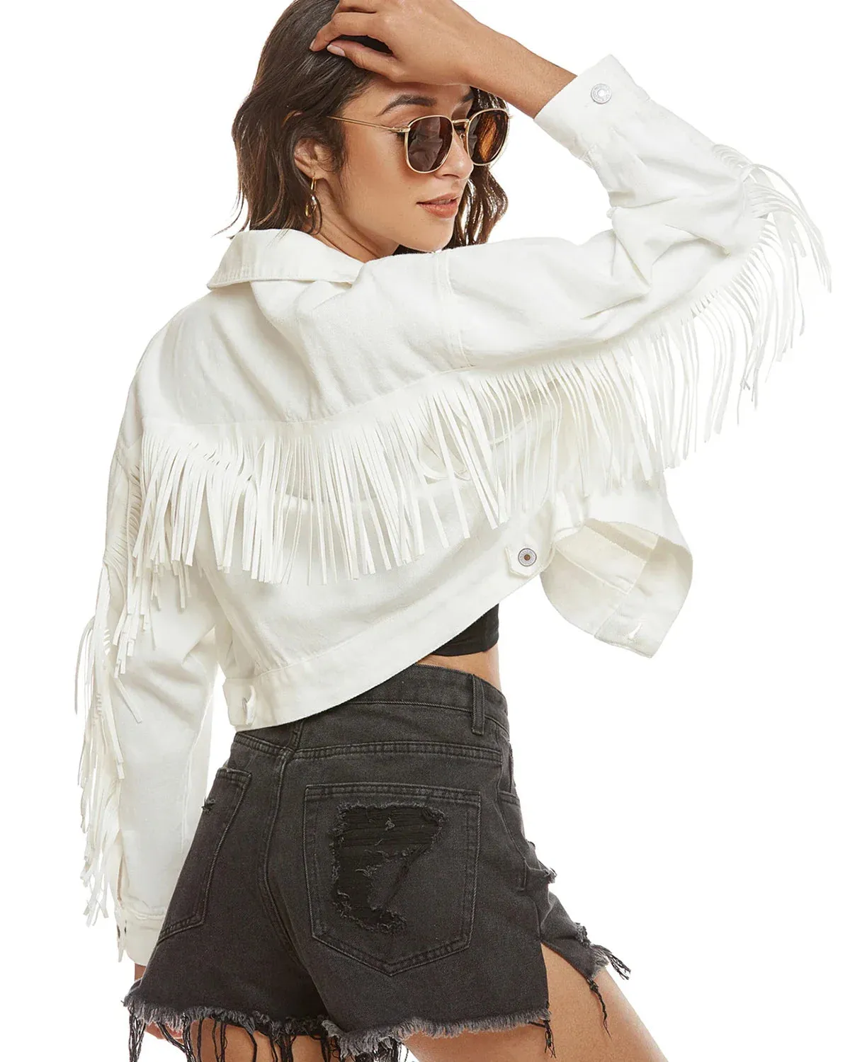 Women Fringed Denim Cropped Jacket for Daily Wear