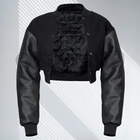 Women Varsity Crop Top Jacket Letterman Jackets Wool Body Genuine Leather Sleeves Crop Style Jacket