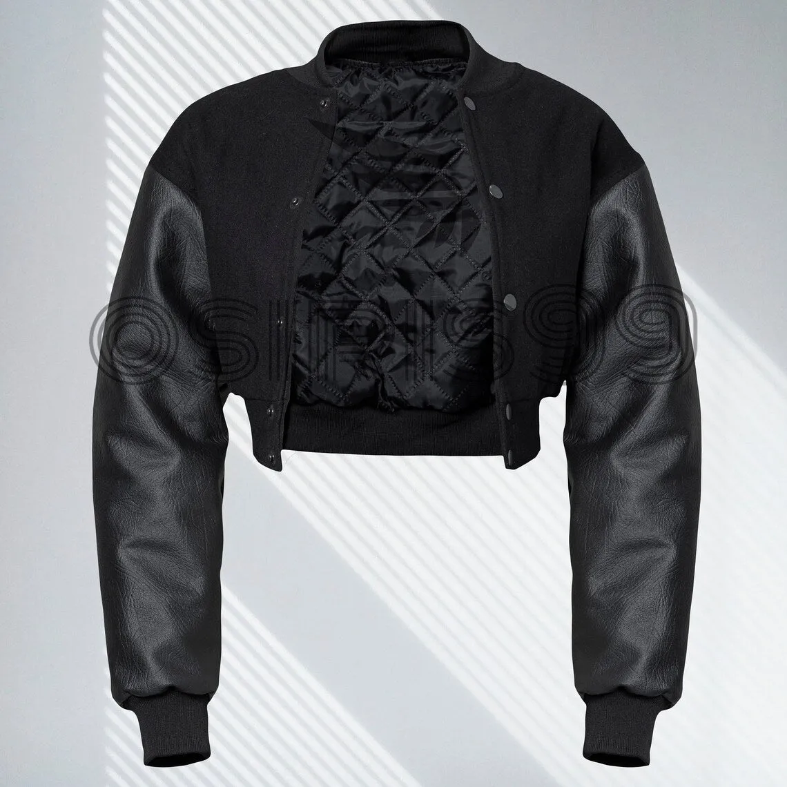 Women Varsity Crop Top Jacket Letterman Jackets Wool Body Genuine Leather Sleeves Crop Style Jacket