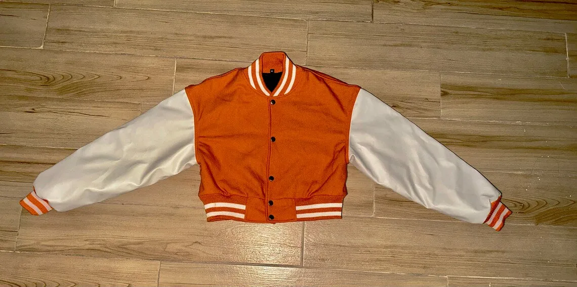 Women Varsity Crop Top Jacket Letterman Jackets Wool Body Genuine Leather Sleeves Crop Style Jacket