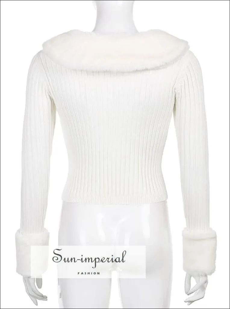 Women White Plush Faux Fur Collar and Cuff Knit Cropped Cardigan
