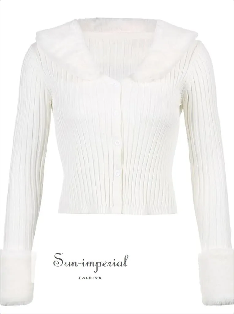 Women White Plush Faux Fur Collar and Cuff Knit Cropped Cardigan