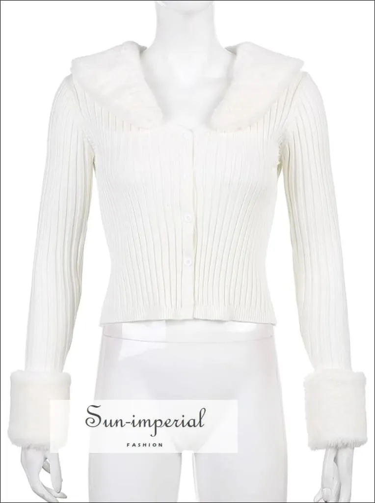 Women White Plush Faux Fur Collar and Cuff Knit Cropped Cardigan