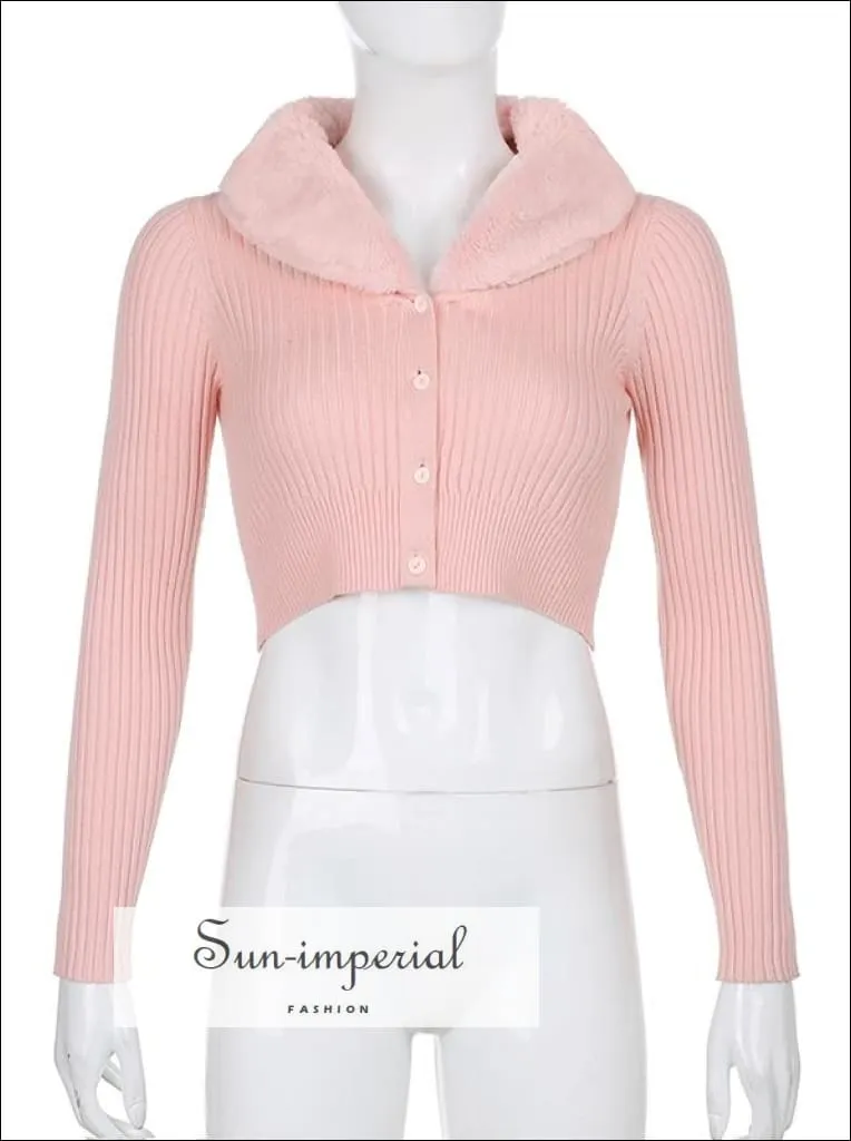 Women White Plush Faux Fur Collar and Cuff Knit Cropped Cardigan