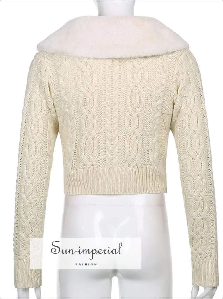 Women White Plush Faux Fur Collar and Cuff Knit Cropped Cardigan
