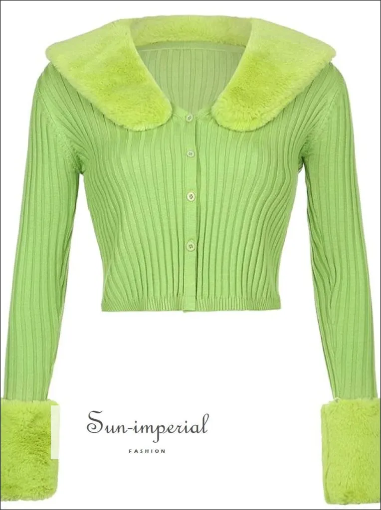 Women White Plush Faux Fur Collar and Cuff Knit Cropped Cardigan