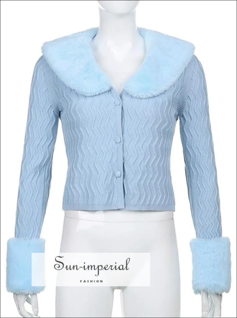 Women White Plush Faux Fur Collar and Cuff Knit Cropped Cardigan