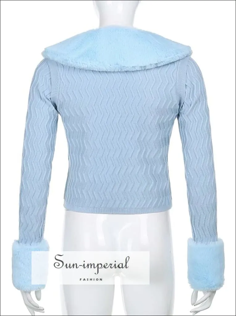 Women White Plush Faux Fur Collar and Cuff Knit Cropped Cardigan