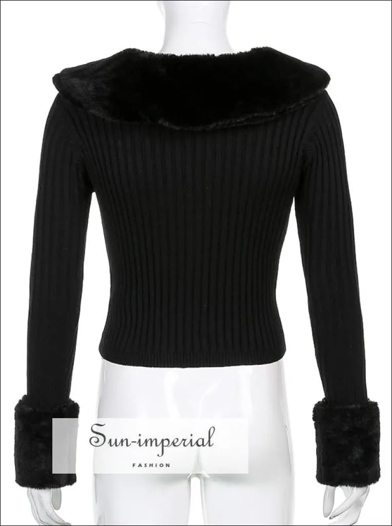 Women White Plush Faux Fur Collar and Cuff Knit Cropped Cardigan