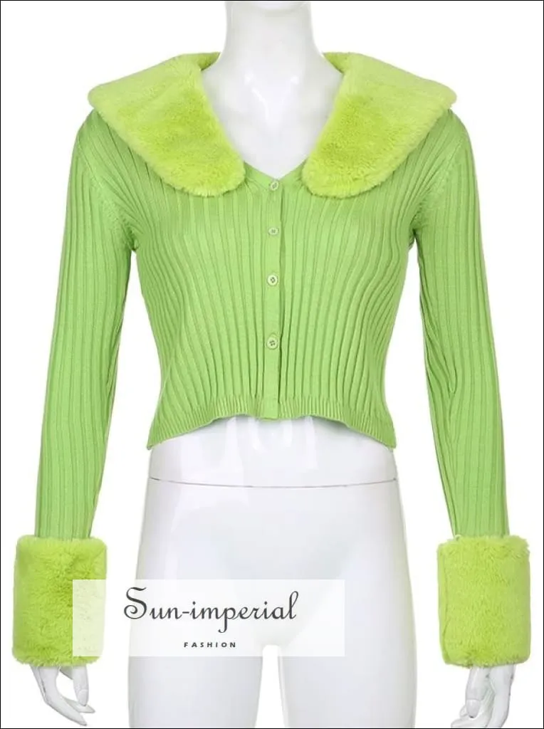 Women White Plush Faux Fur Collar and Cuff Knit Cropped Cardigan