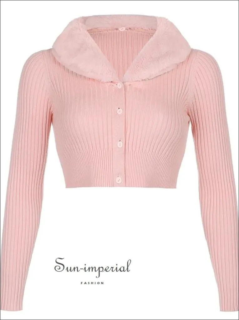 Women White Plush Faux Fur Collar and Cuff Knit Cropped Cardigan