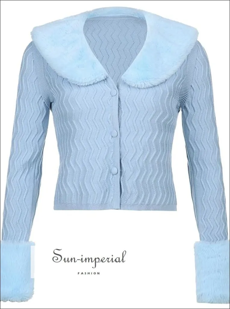Women White Plush Faux Fur Collar and Cuff Knit Cropped Cardigan