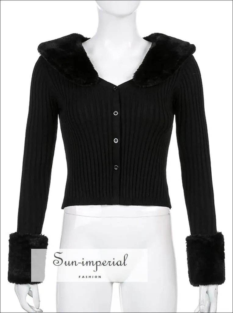 Women White Plush Faux Fur Collar and Cuff Knit Cropped Cardigan