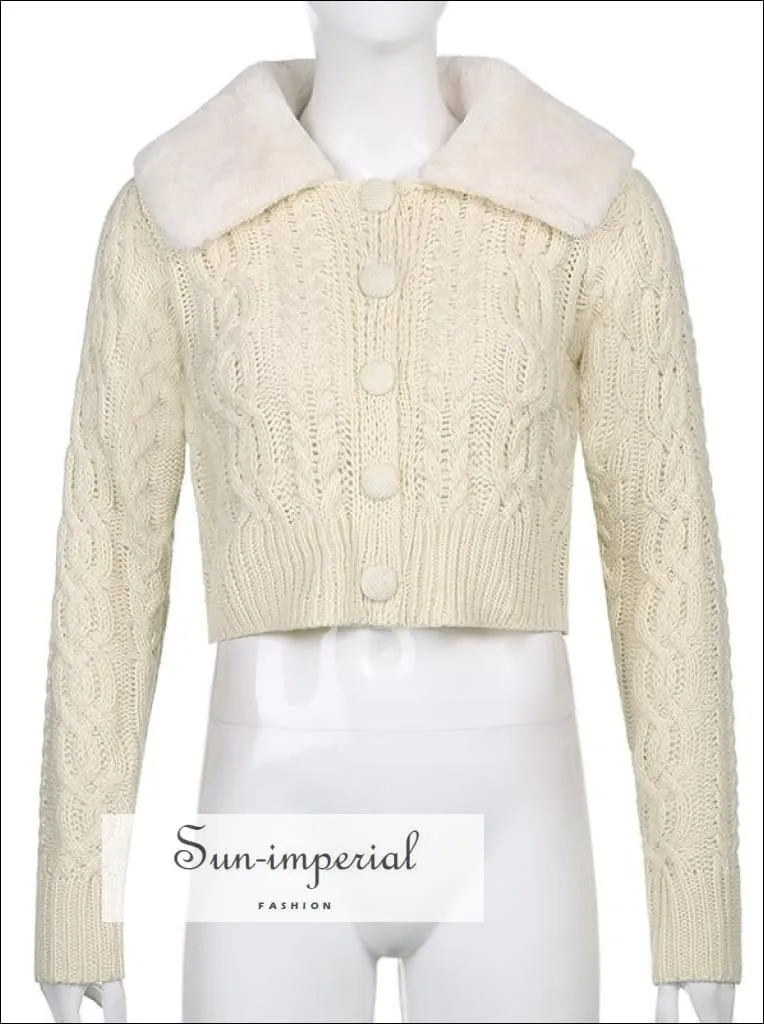 Women White Plush Faux Fur Collar and Cuff Knit Cropped Cardigan
