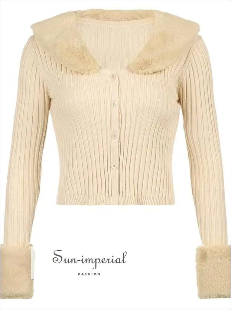 Women White Plush Faux Fur Collar and Cuff Knit Cropped Cardigan