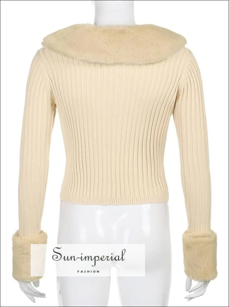 Women White Plush Faux Fur Collar and Cuff Knit Cropped Cardigan