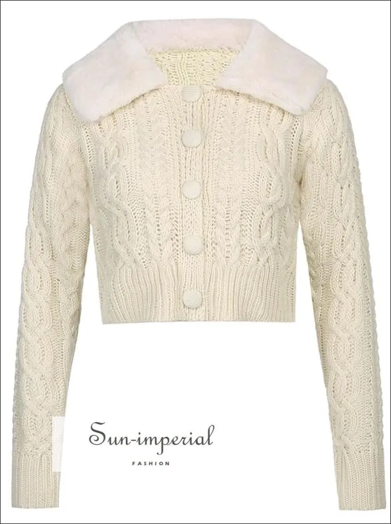 Women White Plush Faux Fur Collar and Cuff Knit Cropped Cardigan
